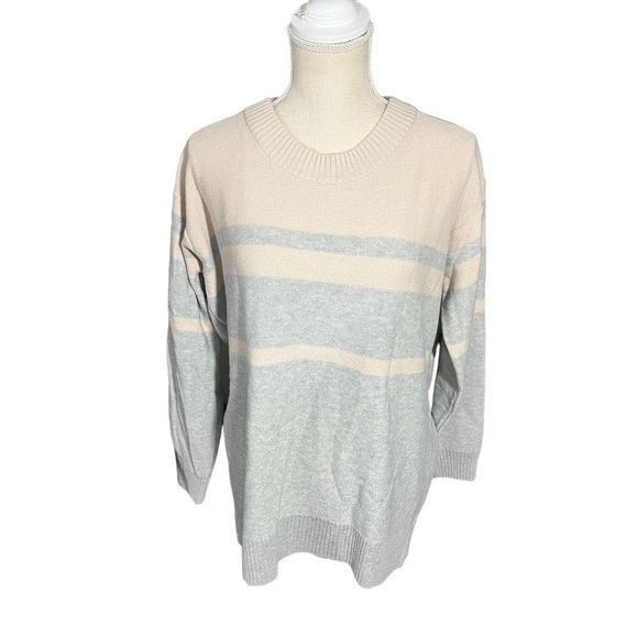 Toad & Co Plateau LS Crew Grey & Blush Striped Lambswool Nylon Mix Sweater Sz L - Picture 1 of 12